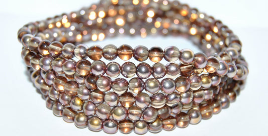 丸型プレスガラスビーズ Druck、透明ブラウンローズゴールドカプリ（5-10200-27101）、ガラス、チェコ共和国 ~ STRANDED