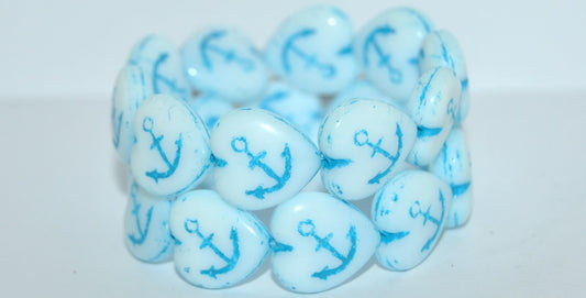 アンカー付きハート型プレスガラスビーズ、ホワイトライトブルーライン入り（02010-46460）、ガラス、チェコ共和国