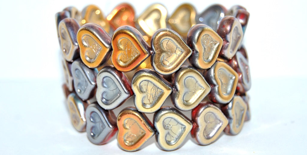 OUTLET 10 grams Heart With Heart Pressed Glass Beads, 14 x 12 mm, Red Rose Gold Capri 2X (93190-27101-2x), Glass, Czech Republic