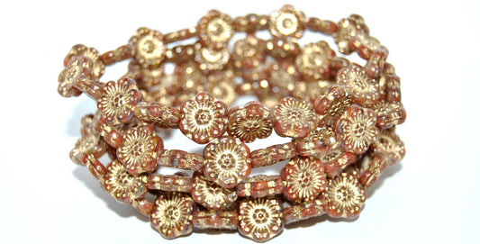 フラワープレスガラスビーズ、マルチカラーストライプ、ゴールドライン（95810-54202）、ガラス、チェコ共和国～STRANDED