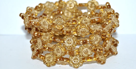 Flower Pressed Glass Beads, Transparent Orange Gold Lined (10030-54202), Glass, Czech Republic ~ STRANDED