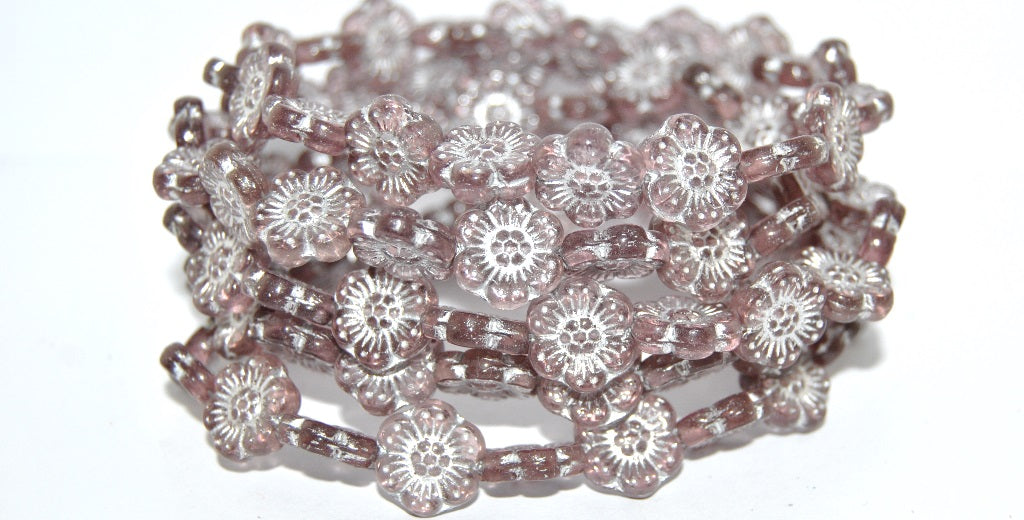 Flower Pressed Glass Beads, Transparent Light Amethyst Silver Lined (20020-54201), Glass, Czech Republic ~ STRANDED