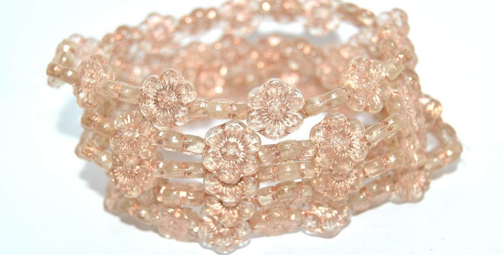 花朵压花玻璃珠，透明黄铜内衬 (80100-54200)，玻璃，捷克共和国 ~ STRANDED