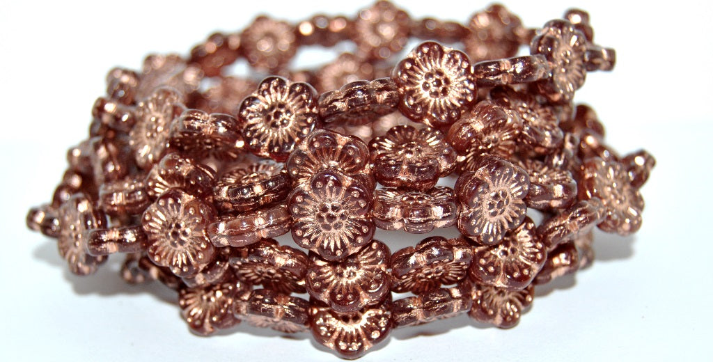 Flower Pressed Glass Beads, Transparent Red Copper Lined (90100-54200), Glass, Czech Republic ~ STRANDED