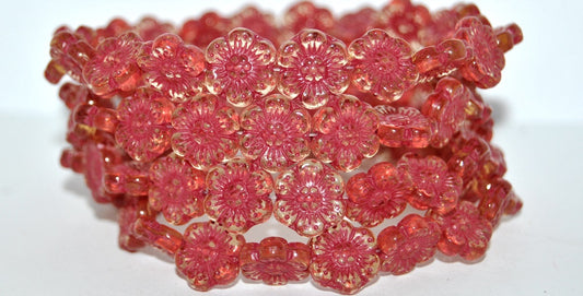 OUTLET 10 grams Flower Pressed Glass Beads, 14 x 14 mm, Transparent Light Topaz Yellow Red Lined (10020-46490), Glass, Czech Republic