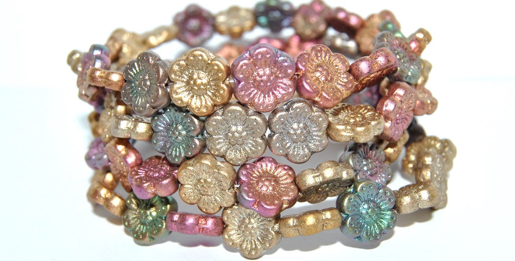 OUTLET 10 grams Flower Pressed Glass Beads, 14 x 14 mm, Violet Rainbow Metallic Iris (01640), Glass, Czech Republic