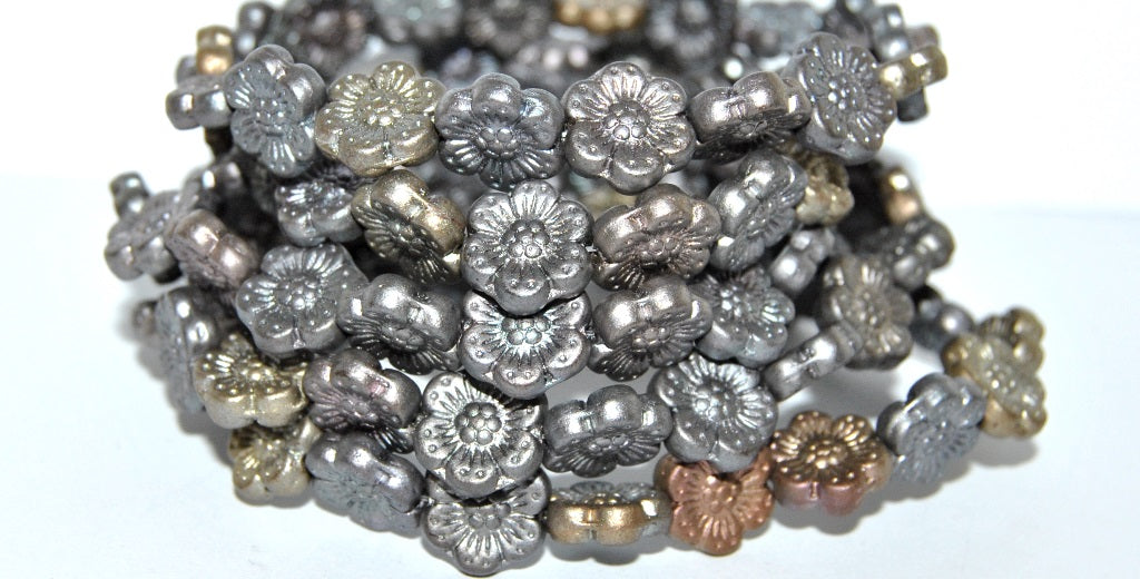 Flower Pressed Glass Beads, Gray Gold Zink Metallic Iris (01670), Glass, Czech Republic ~ STRANDED