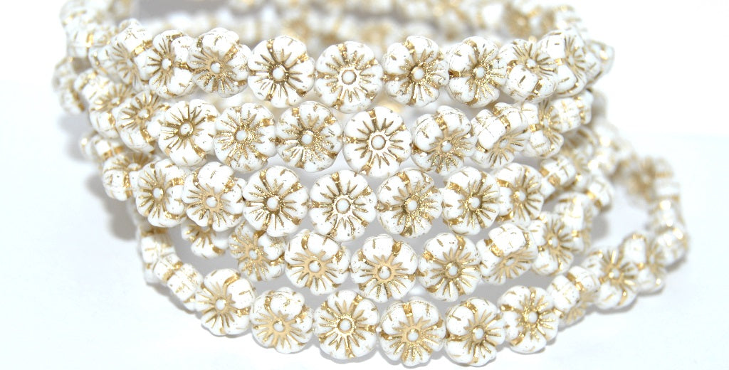 Hawaii Flower Pressed Glass Beads, Chalk White Gold Lined (03000-54202), Glass, Czech Republic