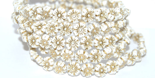 夏威夷花压制玻璃珠，粉笔白金内衬 (03000-54202)，玻璃，捷克共和国