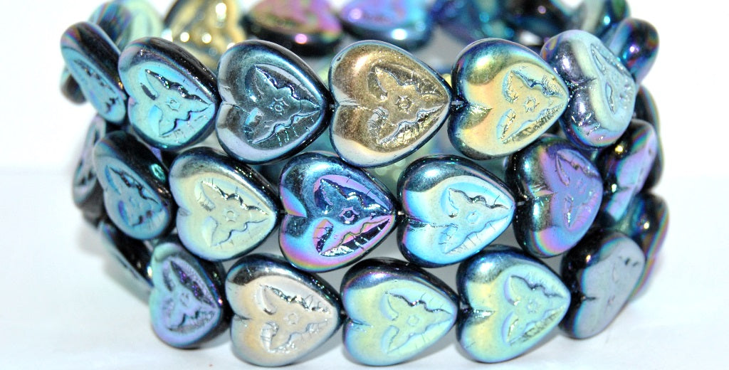 ハートと花のプレスガラスビーズ、ブラックAb 2Xside（23980-AB-2XSIDE）、ガラス、チェコ共和国