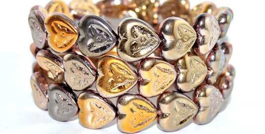 ハートと花のプレスガラスビーズ、クリスタルローズゴールドカプリ2Xサイド（00030-27101-2XSIDE）、ガラス、チェコ共和国