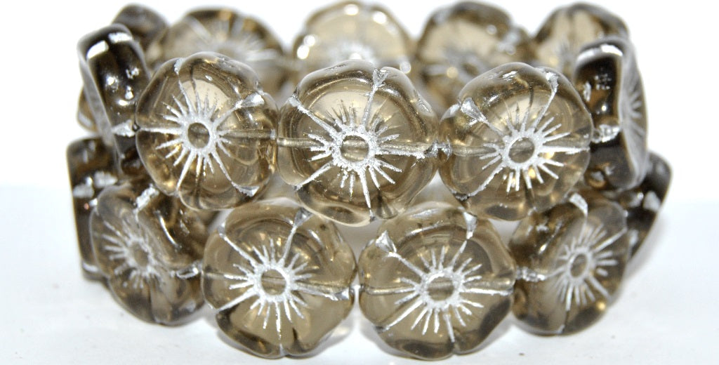 Hawaii-Blumen-Glasperlen, transparent grau mit Silber gefüttert (40020-54201), Glas, Tschechische Republik