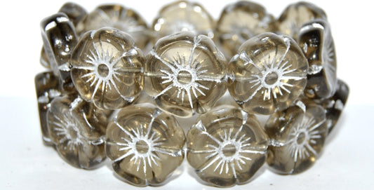 Hawaii Flower Pressed Glass Beads, Transparent Gray Silver Lined (40020-54201), Glass, Czech Republic