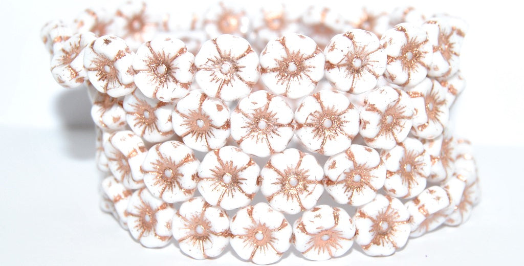 Hawaii Flower Pressed Glass Beads, White Copper Lined (02010-54200), Glass, Czech Republic ~ STRANDED
