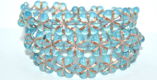 OUTLET 10 grams 6-Petal Flower Pressed Beads, 15 x 15 mm, Opal Aqua Copper Lined (61000-54200), Glass, Czech Republic