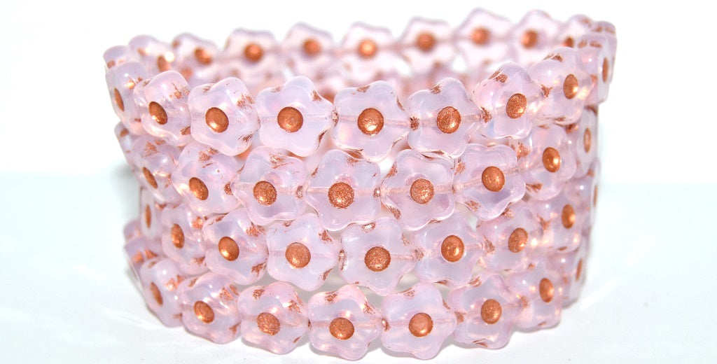 Table Cut Flower Beads With Dot, Opal Pink Copper Lined (71200-54200), Glass, Czech Republic