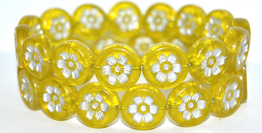 OUTLET 10 grams Round Flat With 6-Petal Flower Pressed Glass Beads, 16 x 16 mm, Transparent Yellow Silver Lined (80020-54201), Glass, Czech Republic