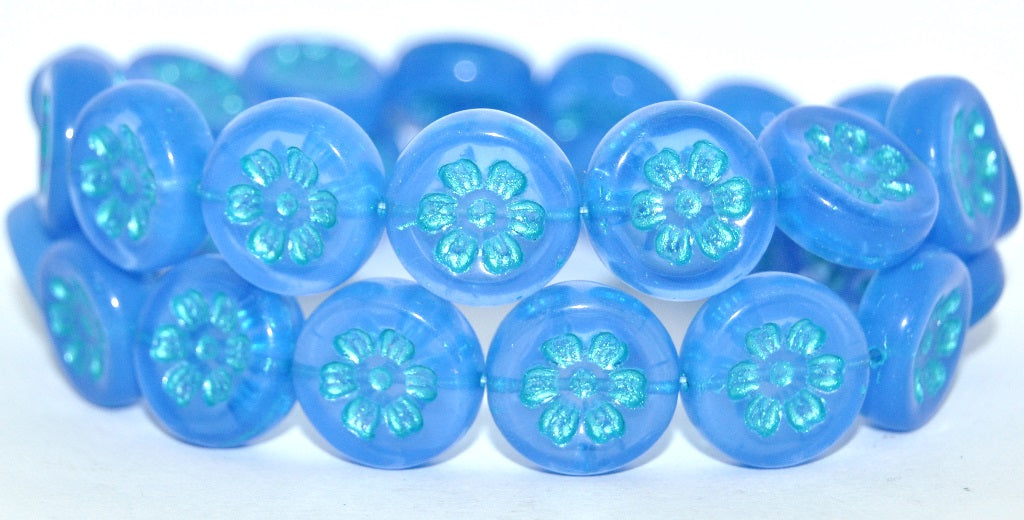 OUTLET 10 grams Round Flat With 6-Petal Flower Pressed Glass Beads, 16 x 16 mm, Opal Blue Light Blue Lined Met (31000-43811-MET), Glass, Czech Republic