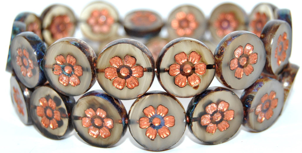 OUTLET 10 grams Table Cut Round Beads With Flower, 16 x 16 mm, Gray Copper Lined (GRAY-54200), Glass, Czech Republic