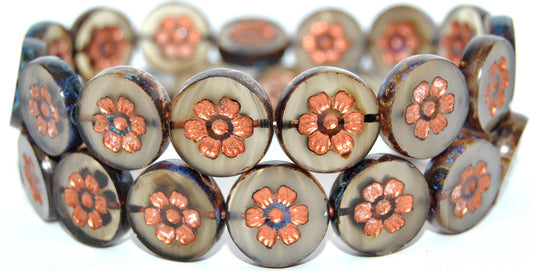 OUTLET 10 grams Table Cut Round Beads With Flower, 16 x 16 mm, Gray Copper Lined (GRAY-54200), Glass, Czech Republic