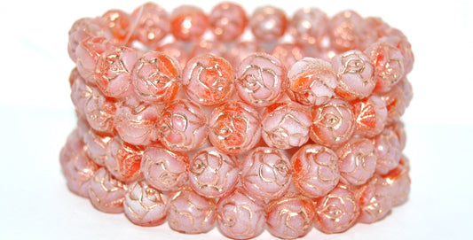 OUTLET 10 grams Round Rose Pressed Glass Beads, 9 x 9 mm, Transparent Orange White Copper Lined (90040-02010-54200), Glass, Czech Republic