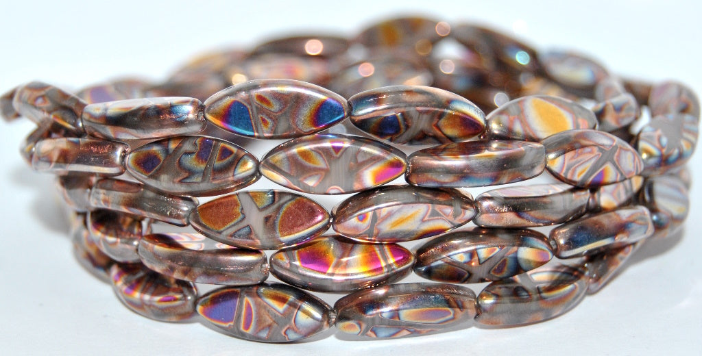 船形椭圆压制玻璃珠，混合棕色水晶蜡染 (16617-BATIKA)，玻璃，捷克共和国 ~ STRANDED