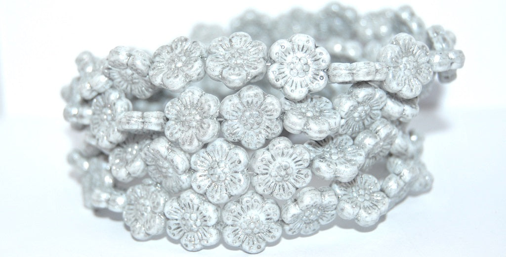 花形压制玻璃珠，白色浅灰色银灰色 (02010-34311-34301)，玻璃，捷克共和国 ~ STRANDED