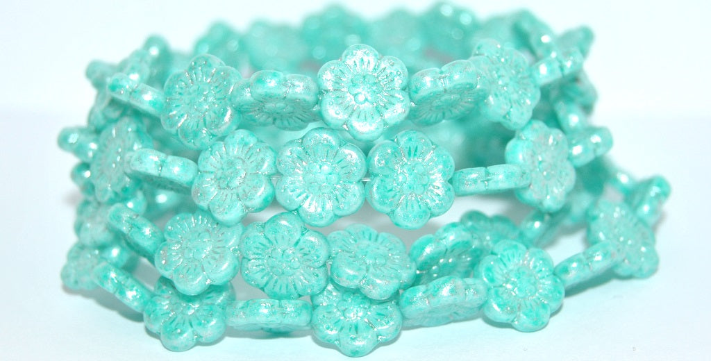 OUTLET 10 grams Flower Pressed Glass Beads, 14 x 14 mm, White Light Turquoise Silver Gray (02010-34309-34301), Glass, Czech Republic