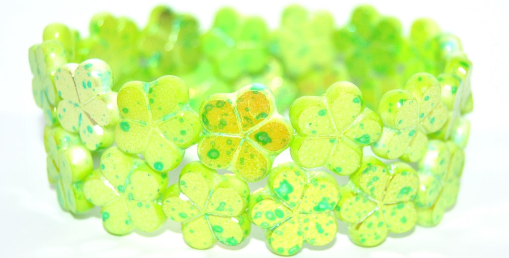 OUTLET 10 grams Table Cut Flower Beads, 17 x 17 mm, White Glossy Green Yellow Po (02010-48110-PO), Glass, Czech Republic