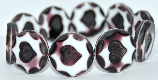 Table Cut Round Beads With Heart, White Brown Mixed (21-27025), Glass, Czech Republic