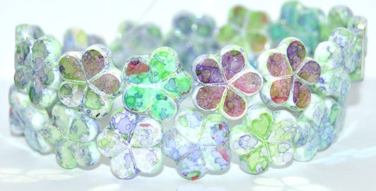 OUTLET 10 grams Table Cut Flower Beads, White Glossy Purple Green P (02010-48106-p), Glass, Czech Republic