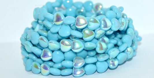 Heart Pressed Glass Beads, Turquoise Blue Ab (63030-AB), Glass, Czech Republic ~ STRANDED