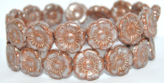 Round Flat Flower Pressed Glass Beads, Opaque Brown Silver Splash (18-13610-86700), Glass, Czech Republic ~ STRANDED