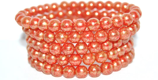Round Pressed Glass Beads Druck, Orange Opal Gold Splash (8-ORANGE-OPAL-86720), Glass, Czech Republic ~ STRANDED