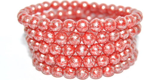 Round Pressed Glass Beads Druck, Orange Opal Silver Splash (8-ORANGE-OPAL-86700), Glass, Czech Republic ~ STRANDED