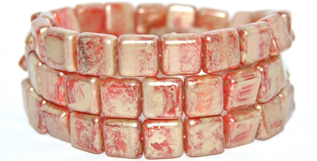 フラットスクエアプレスガラスビーズ、ミックスカラーオレンジゴールドスプラッシュ（11-MIX-ORANGE-86710）、ガラス、チェコ共和国〜STRANDED