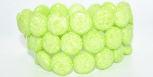 平らな丸いコイン型プレスガラスビーズ、ホワイトライトグリーン（02010-34310）、ガラス、チェコ共和国