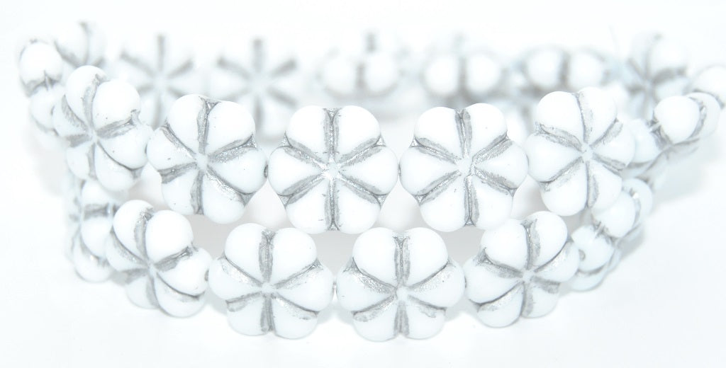 6-Petal Flower Pressed Beads, White Silver Lined (02010-54201), Glass, Czech Republic ~ STRANDED