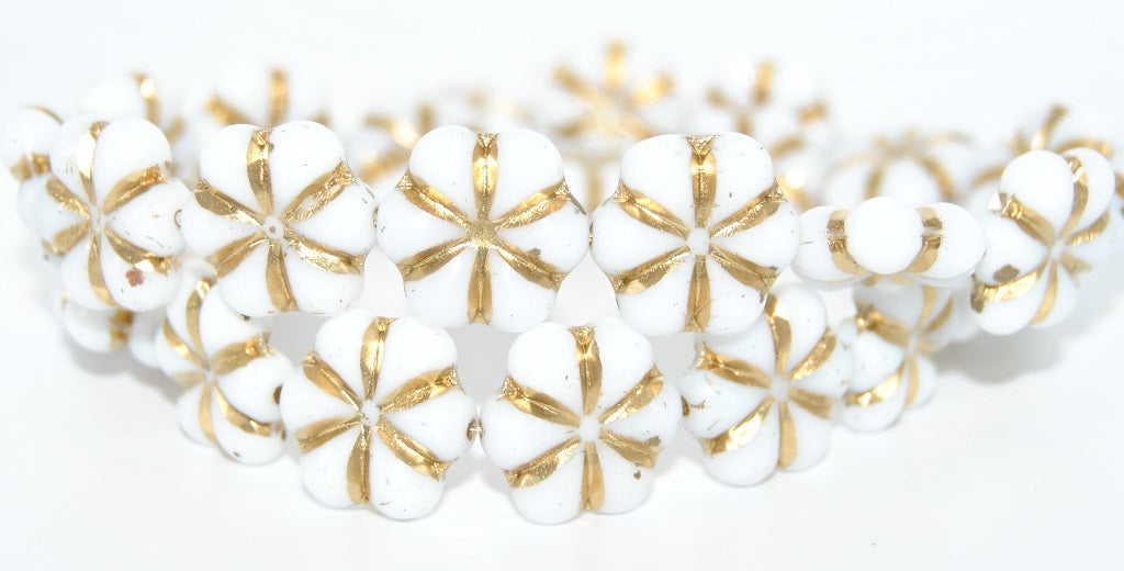 6-Petal Flower Pressed Beads, White Gold Lined (02010-54202), Glass, Czech Republic ~ STRANDED