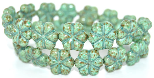 6-Petal Flower Pressed Beads, White Stain Strong Light Blue Lined Light Turquoise (02010-86805-43811-34309), Glass, Czech Republic ~ STRANDED