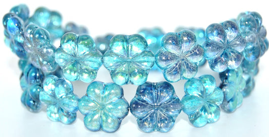6-Petal Flower Pressed Beads, Crystal Glossy Turquoise Blue (00030-48103), Glass, Czech Republic ~ STRANDED