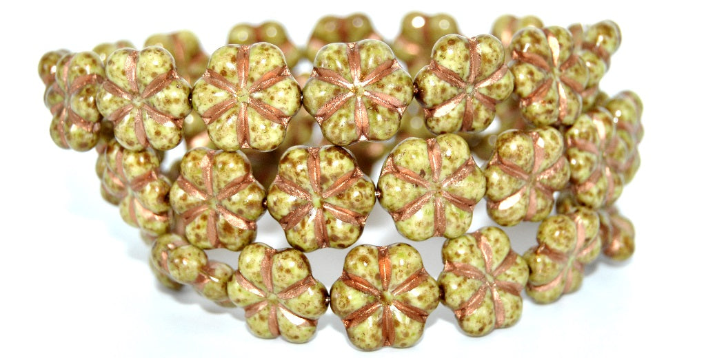 六瓣花压珠，白色染色，强铜线，浅绿色 (02010-86805-55307-34310)，玻璃，捷克共和国 ~ STRANDED