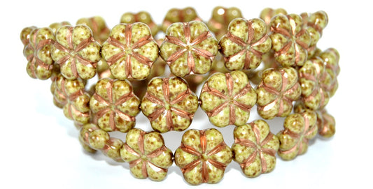 6-Petal Flower Pressed Beads, White Stain Strong Copper Lined Light Green (02010-86805-55307-34310), Glass, Czech Republic ~ STRANDED