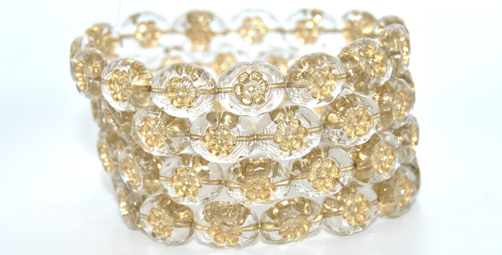 オーバル型押しガラスビーズ（花柄）、クリスタルゴールドライン（00030-54202）、ガラス、チェコ共和国