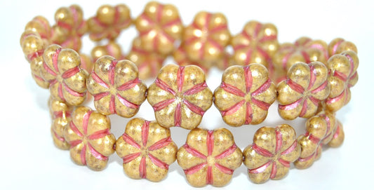 6-Petal Flower Pressed Beads, White Stain Strong Red Lined Gold Lined (02010-86805-43808-54202), Glass, Czech Republic ~ STRANDED