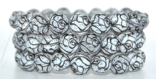 Round Rose Pressed Glass Beads, White Black Lined (02010-23202), Glass, Czech Republic ~ STRANDED