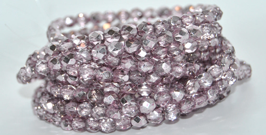 Fire Polished Round Faceted Beads, Crystal Silver Half Coating Light Fuchsia Pink (27001-34306), Glass, Czech Republic ~ STRANDED