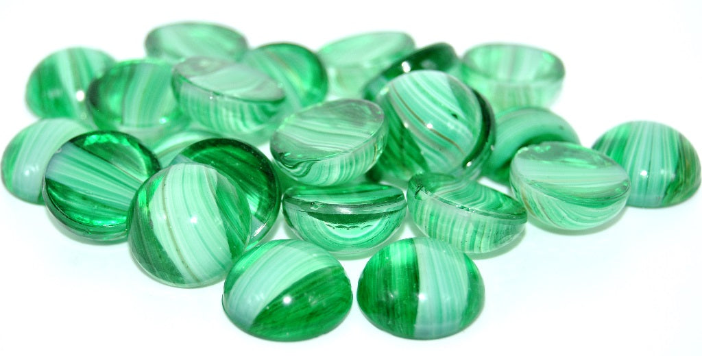 Round Flat Back Cabs, White Green Stripes (55014), Glass, Czech Republic ~ STRANDED