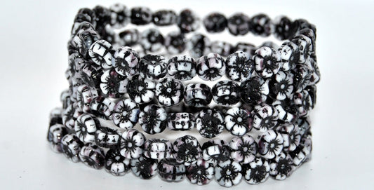 OUTLET 10 grams Hawaiian Flower Beads, White Black 47549 (02010-23980-47549), Glass, Czech Republic