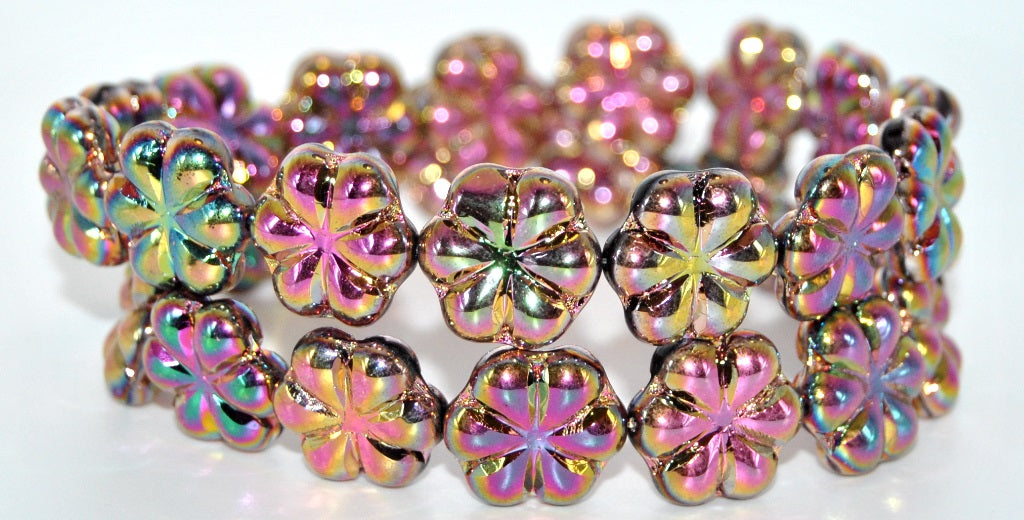 6-Petal Flower Pressed Beads, Black Vitex 2Xside (23980-VITEX-2XSIDE), Glass, Czech Republic ~ STRANDED